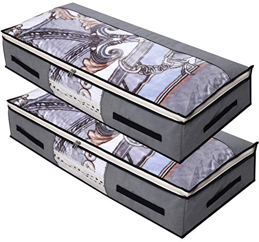 MISSLO Jumbo Fabric Underbed Storage Bag Container Under Bed Organizer for Comforter, Blanket, Bedding with 2 Clear Panels, 2 Pack