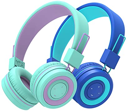 [2 Pack] iClever BTH02 Kids Wireless Headphones - Headphones for Kids with MIC, Volume Control Adjustable Headband, Foldable - Childrens Headphones on Ear for iPad Tablet Airplane School, Green/Blue