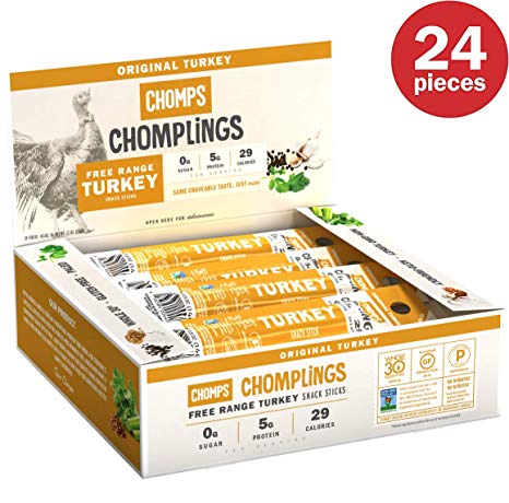CHOMPS Free Range Mini Original Turkey Jerky Sticks, Paleo & Keto Friendly, Whole30 Approved, Non-GMO Gluten & Sugar Free 29 Calorie Snacks, 0.5 Ounce Stick, Pack of 24