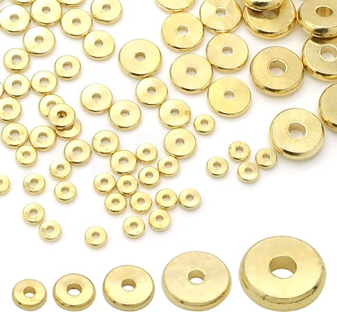 350 Pcs Brass Rondelle Spacer Beads, 5 Sizes Metal Flat Round Shape Beads for DIY Making (4mm,5mm,6mm,8mm,10mm)