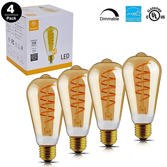 TECHLUX 6.5W LED Edison Filament Bulbs (40W Equivalent) Dimmable Vintage Spiral LED Lighting for Pendant Wall Light Fixtures Dinning Room Bathroom Lamps,Warm White,E26 Base,Energy Efficent,Pack of 4