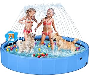 Dog Pool with Sprinkler, Large 2-in-1 Foldable Dog Pool for Large Dogs Non-Slip Kiddie Pool Hard Plastic for Outdoor Backyard (71"x12")