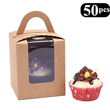 Clear Bakery Pastry Brown Kraft Paper Single Cupcake Boxes With Window And Handle Wholesale(50PCS)
