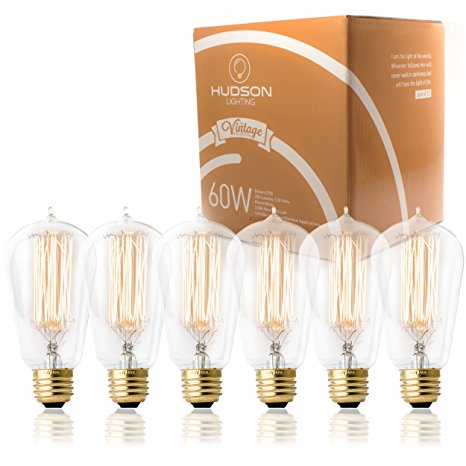 Hudson Lighting Vintage Edison Bulb- ST58 - 230 Lumens - 60 Watt - Dimmable - E26 Bulb Base - Tear Drop Top- 6 Pack