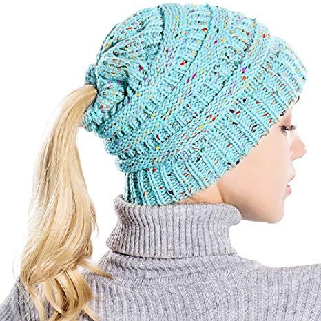 Taidor Messy Bun Ponytail Beanie Hat Colored Dots Cable Knit Cap Women Girls Winter