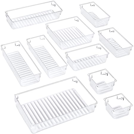 Puroma 10-pcs Desk Drawer Organizer Trays, 5 Different Sizes Large Capacity Plastic Bins Kitchen Drawer Organizers Bathroom Drawer Dividers for Makeup, Kitchen Utensils, Jewelries and Gadgets