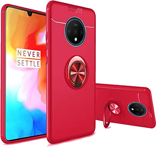OnePlus 7T Case, Ultra-Thin [360 ° Kickstand] Rotating Ring [Soft Silicone] Frosting Shockproof Protection Cover [Fit Magnetic Car Mount] for OnePlus 7T (Red, 1 7T)