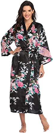 Women's Floral Long Silk Kimono Robes Satin Dressing Gown Peacock Blossoms