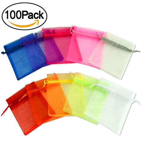 kingleder 100PCS 8x10CM Assorted Colors Size Drawstring Organza Gift Bags Jewelry Pouches Festival Wedding Party Favor Candy Wrap Bags(3'' x 4'')