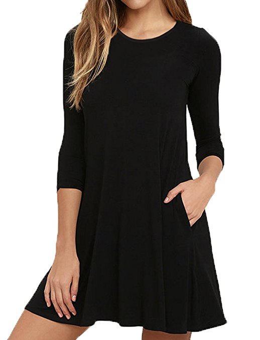 Viishow Womens Round Neck 3/4 Sleeves A-Line Casual Tshirt Dress With Pocket