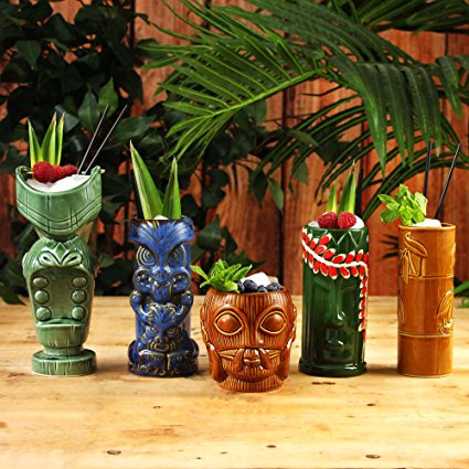 Ceramic Tropical Tiki Party Pack - Set of 5 - Ceramic Cocktail Mugs
