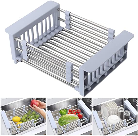 Expandable Dish Drying Rack Over Sink Stainless Steel Dish Basket Drainer with Adjustable Arms Functional Kitchen Sink Organizer for Vegetable, Fruit and Tableware(stretch-201)