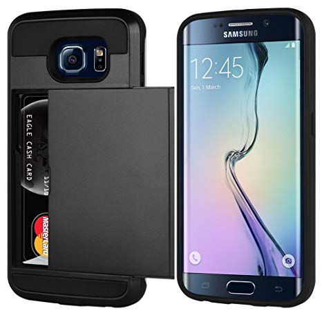 Galaxy S6 Case, S6 COVER, Anti-Shock Hybrid Armor Protective Hard Shell with Card Holder Slide Slot Case Cover for Samsung Galaxy S6 By AMPLE® (BLACK)