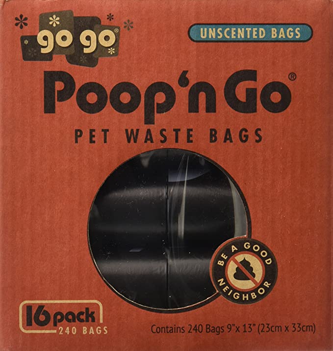 GoGo Pet Products Poop 'n Go Waste Bags (16 Rolls/240 Bags Per Box), Unscented, Black, Large