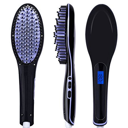 PrettyQueen Hair Straightener Brush Ceremic Iron Detangling Comb Straightening Brush with Anion Silky Frizz-free Hair Care Anti Scald, Black with Purple