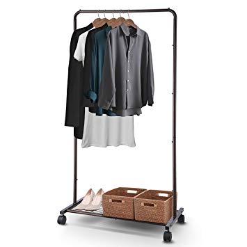 Bextsware Clothes Rack, Industrial Pipe Garment Racks On Wheels, Heavy Duty Commercial Clothing Rack with Metal Bottom Shelves for Boxes Shoes Storage, Mini Bronze