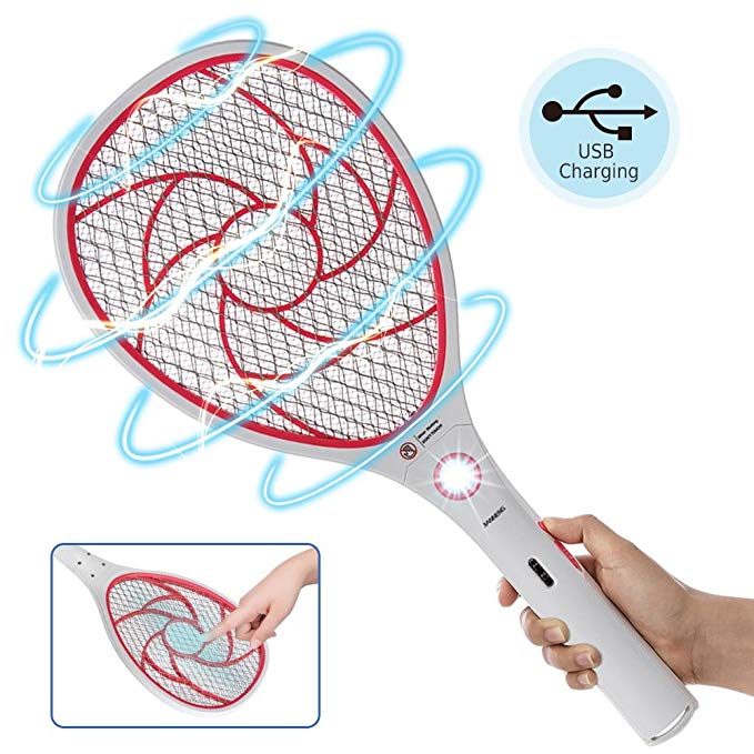 ZOMAKE Bug Zapper Racket,Electric Fly Swatter,Fly Killer and Mosquito Racquet,Fly Killer - USB Charging - 3000 Volt - Bright LED Light - Unique 3-Layer Safety Mesh Safe