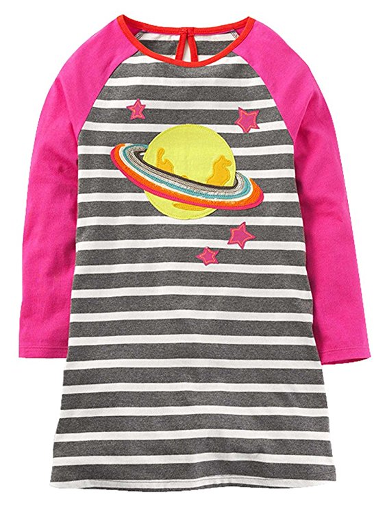 Girls Cotton Longsleeve Casual Dresses Striped Applique Cartoon by Fiream