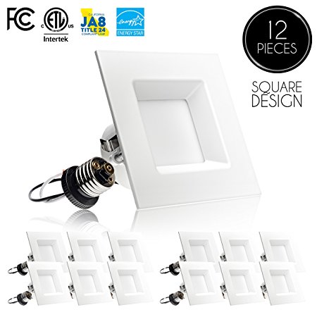 (12 Pack)- 4-inch LED Square Downlight Trim, 10W (60W Replacement), Square Recessed Light, Dimmable, 4000K (Cool White), 630LM, ENERGY STAR & UL, Retrofit LED Recessed Lighting Fixture
