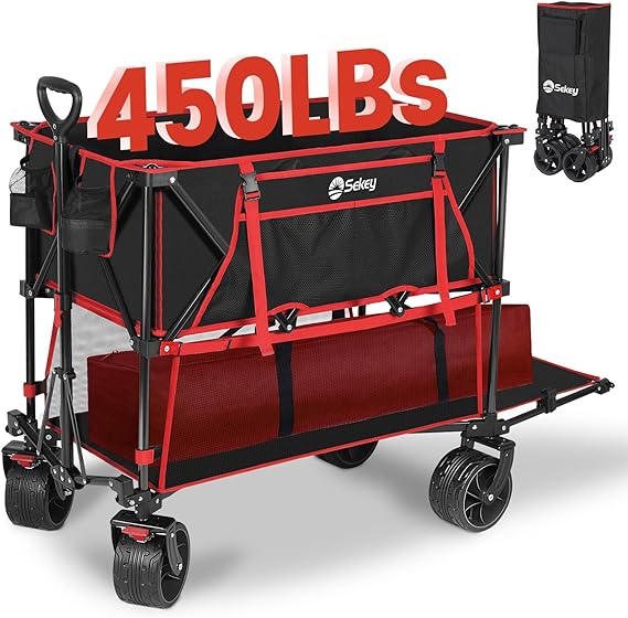 Sekey 400L Double Decker Wagon 50''L Extra-Long Extended Beach Wagon with 450lbs Weight Capacity, Heavy Duty Wagon Cart with All-Terrain Big Wheels for Camping, Sports, Garden.Red&Black