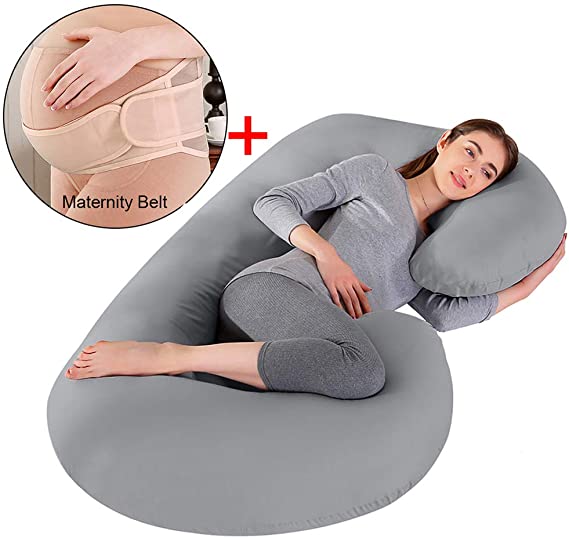 Pregnancy Body Pillow Maternity Pillows for Women Nursing Sleeping Feeding with Pregnancy Belt, 57" C Shaped Cotton Detachable Washable Cover