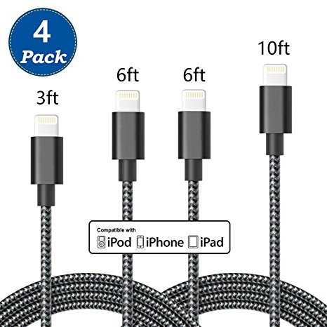 iPhone Charger DEEPCOMP - 4Pack 3FT 6FT 6FT 10FT Foot Extra Long Nylon Braided 8 Pin Lightning Cable USB Charger Cord Compatible with iPhone 7,7 Plus,6S,6,SE,5S,5,iPad,iPod Nano 7