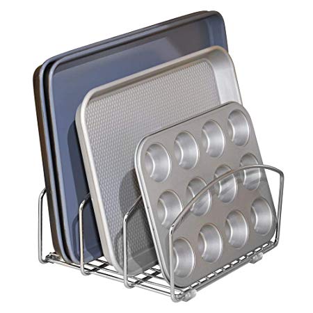 mDesign Kitchen Bakeware Organiser - Steel Baking Tray Rack and Cutting Board Holder - Ideal Kitchen Storage Solution - Chrome Finish