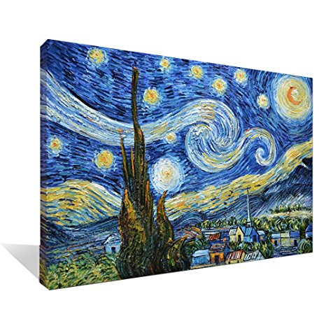 Asdam Art - (100% Hand painted 3D) Blue Starry Night by Vincent Van Gogh Work Abstract Oil Paintings Framed Modern Home Wall Art For Living Room Bedroom Dinning Room (24x36inch)