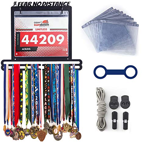 Running Medal Holder Hanger for Runners Race Bib Rack | Fear No Distance | Sports Enthusiasts’ Gift | Free Protector Sheets   Locking Laces   Bottle Carrier Grip   Wrist Band
