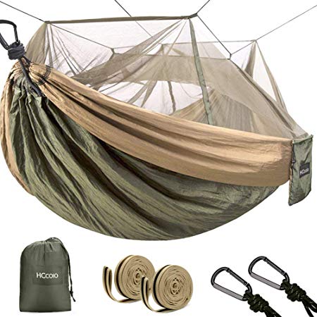 HCcolo Double Camping Hammock with Mosquito Net, 10ft Hammock Tree Straps & Carabiners, Lightweight Nylon Parachute Hammocks for Camping, Travel, Beach, Hiking, Backyard(Hold Up to 440lbs)