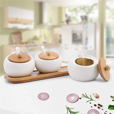 Kurzty Ceramic Jar Storage Organizer for Pickle Masala with Spoons & Tray, 250ML, 3 Pieces, White