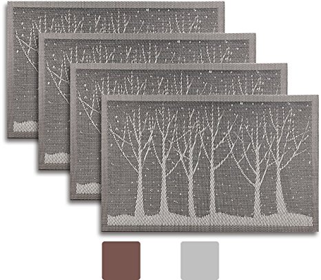 Placemat Set of 4/6/8 Reversible Silver Grey Gunmetal Color Trees Forest Theme Woven Vinyl Placemats Set by Secret Life(6, Grey / Silver)