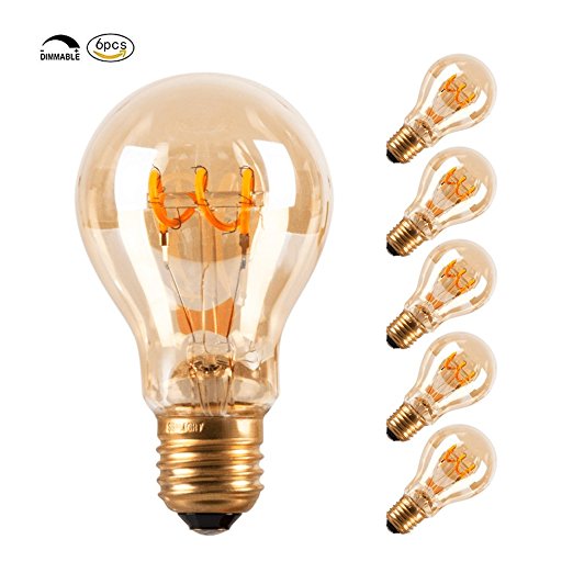 SEALIGHT Vintage Flexible LED Filament Bulb A19 / A60 - 4W E26 Base, Amber , WARM White 2200K, Edison Bulb 40W Equivalent, 120V, Dimmable,6 Pack