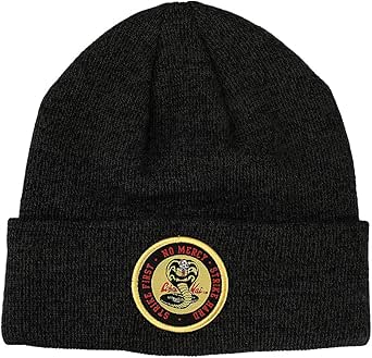 Cobra Kai Woven Embroidered Logo Patch Marled Acrylic Yarn Knitted Cuffed Beanie Hat for Men Black