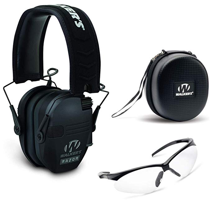 Walkers Razor Slim Electronic Hearing Protection Muffs (Sound Amplification & Suppression) with Protective Case and Shooting Glasses Kit (Choose Your Color)