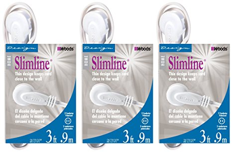 3-PACK - SlimLine 2235 Flat Plug Extension Cord, 2-Wire, White, 3-Foot