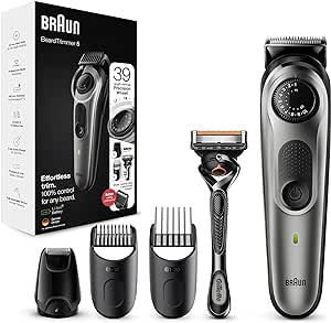 Braun Recortadora de Barba Series 5, Máquina Cortar Pelo, Cortapelos Hombre para Cara y Pelo con Láminas Afiladas de Larga Duración y Maquinilla Gillette, 39 Ajustes de Longitud, 5 BT5365, Negro/Plata