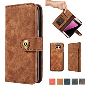 Galaxy S7 Case,Vintage 2 in 1 [Magnetic Detachable] Flip Folio Wallet PU Leather Cases Removable Retro [4 Card Slots] Protective Bag Cover with Card Holder for Samsung Galaxy S7 - Brown