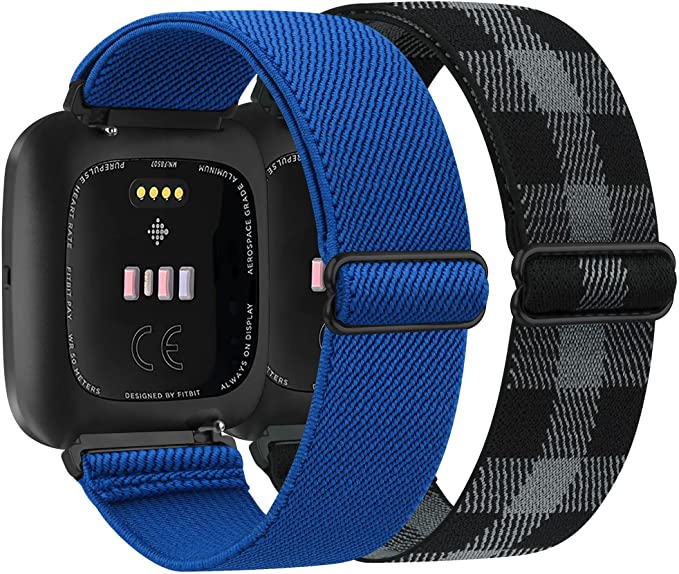 2 Pack Adjustable Elastic Bands Compatible for Fitbit Versa/Versa 2/Versa Lite/Versa SE, Soft Stretchy Nylon Wristband Strap Replacement for Fitbit Versa Smart Watch Women Men