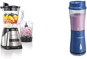 Hamilton Beach Power Elite Blender for Shakes and Smoothies with 3-Cup Vegetable Chopper Mini Food & Portable Blender for Shakes and Smoothies with 14 Oz BPA Free Travel Cup and Lid