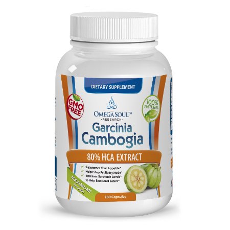 Pure Garcinia Cambogia Extract 180 ct 80 HCA Made in USA Third Party Tested GMO FREE 180 Count by Omega Soul