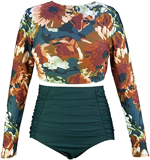 COCOSHIP Women's Long Sleeve Swim Shirt Rash Guard Top Tankinis Set High Waist Bathing Swimsuit(FBA)