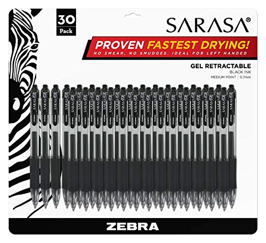 Zebra Pen Zebra Sarasa Retractable Gel Ink Pens, Medium Point 0.7mm, Black Rapid Dry Ink, 30-Count (Packages may vary)