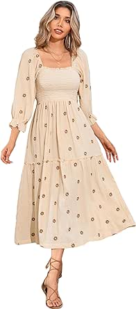 R.Vivimos Women's Long Sleeve Cotton Boho Midi Dress Vintage Square Neck Floral Embroidered Tiered Ruffle Flowy Pockets Dress