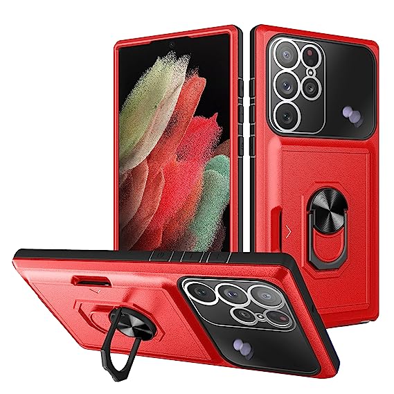 CUBIX® Camera Lens Protector Back Cover for Samsung Galaxy S22 Ultra Case with Card Holder Rotating Ring Kickstand - Red