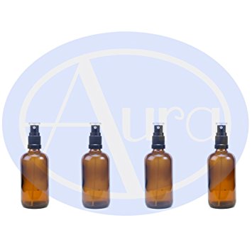 PACK of 4 - 100ml AMBER GLASS Bottles with Black ATOMISER Sprays. Essential Oil / Aromatherapy Use
