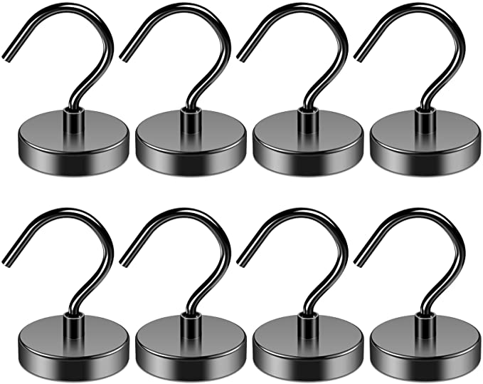 Grtard 100LBS Black Magnetic Hooks, Strong Neodymium Magnet Hook Heavy Duty for Home, Kitchen, Workplace, Office and Garage-8 Pack