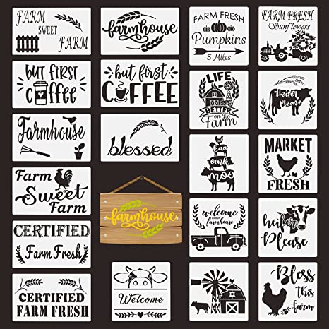 20 Pieces Farmhouse Stencils Farm Reusable Stencils Farm Theme Painting Stencils for Scrapbooking Drawing Tracing DIY Furniture Wall Floor Fabric Decors, 2 Sizes and 20 Patterns