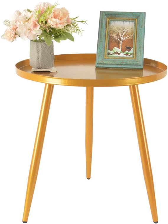 H JINHUI Round Metal Side Table, Outdoor Side Table, Small Sofa, Coffee Table, Indoor Accent Table, Waterproof Removable Tray Table, Living Room Bedroom Balcony Office, Easy to Assemble, Golden