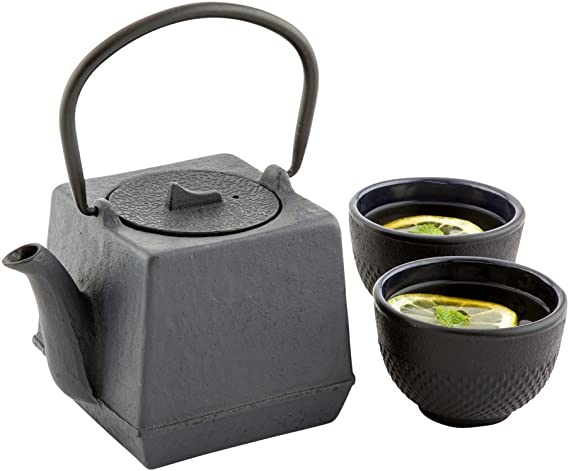 Tetsubin 27 Ounce Cast Iron Teapot, 1 Cube Iron Teapot - With Strainer, Retains Heat, Black Cast Iron Japanese Tea Kettle, Curved Handle - Restaurantware